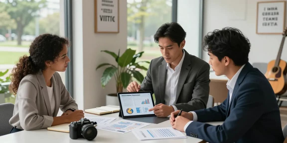 A financial advisor in Reston, VA guides a couple through personalized financial plans in a modern office, ensuring informed decisions.