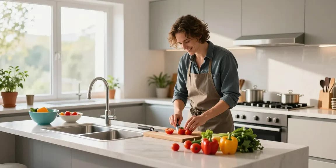 Kitchen sink in stainless steel showcased in a bright modern kitchen where a home cook prepares fresh vegetables.
