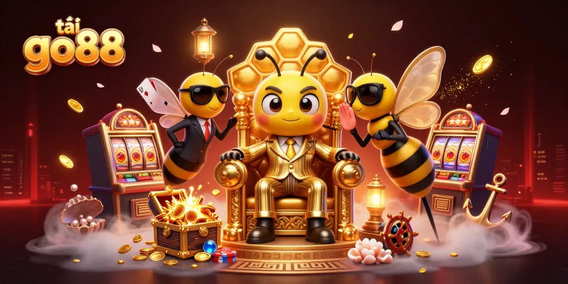 Tải go88 with a 3D cartoon bumblebee mob boss and slot reels in a vibrant casino scene.