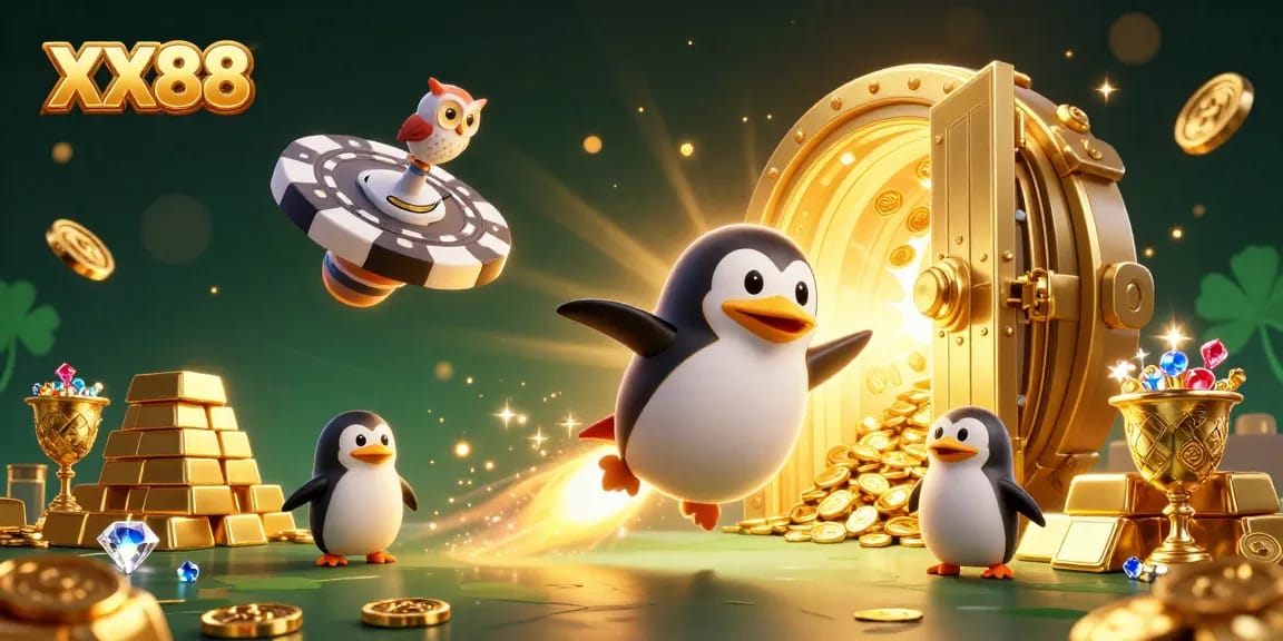 Experience the thrill of XX88 as a golden penguin rockets toward a vibrant casino chip in space.