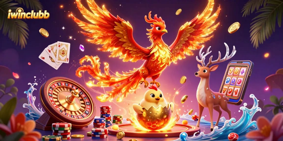 Experience the thrill of iwinclubb with vibrant casino elements, a phoenix, and rich visuals
