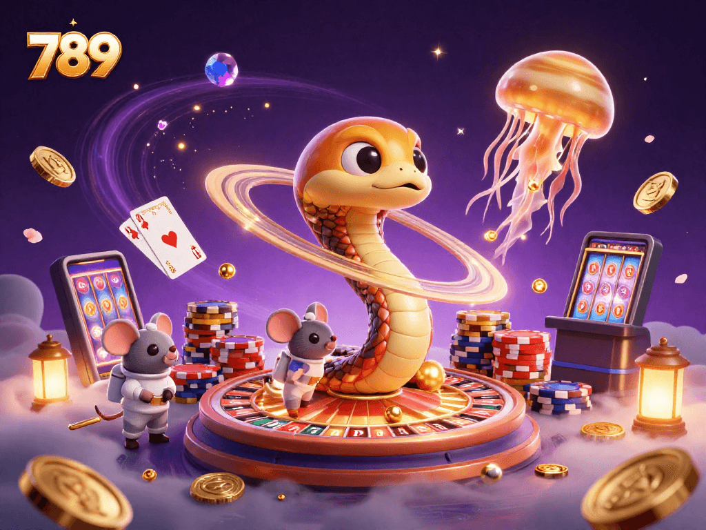 Place bets on 789-themed planet with roulette wheel, astronaut mice, and golden jellyfish dealer.