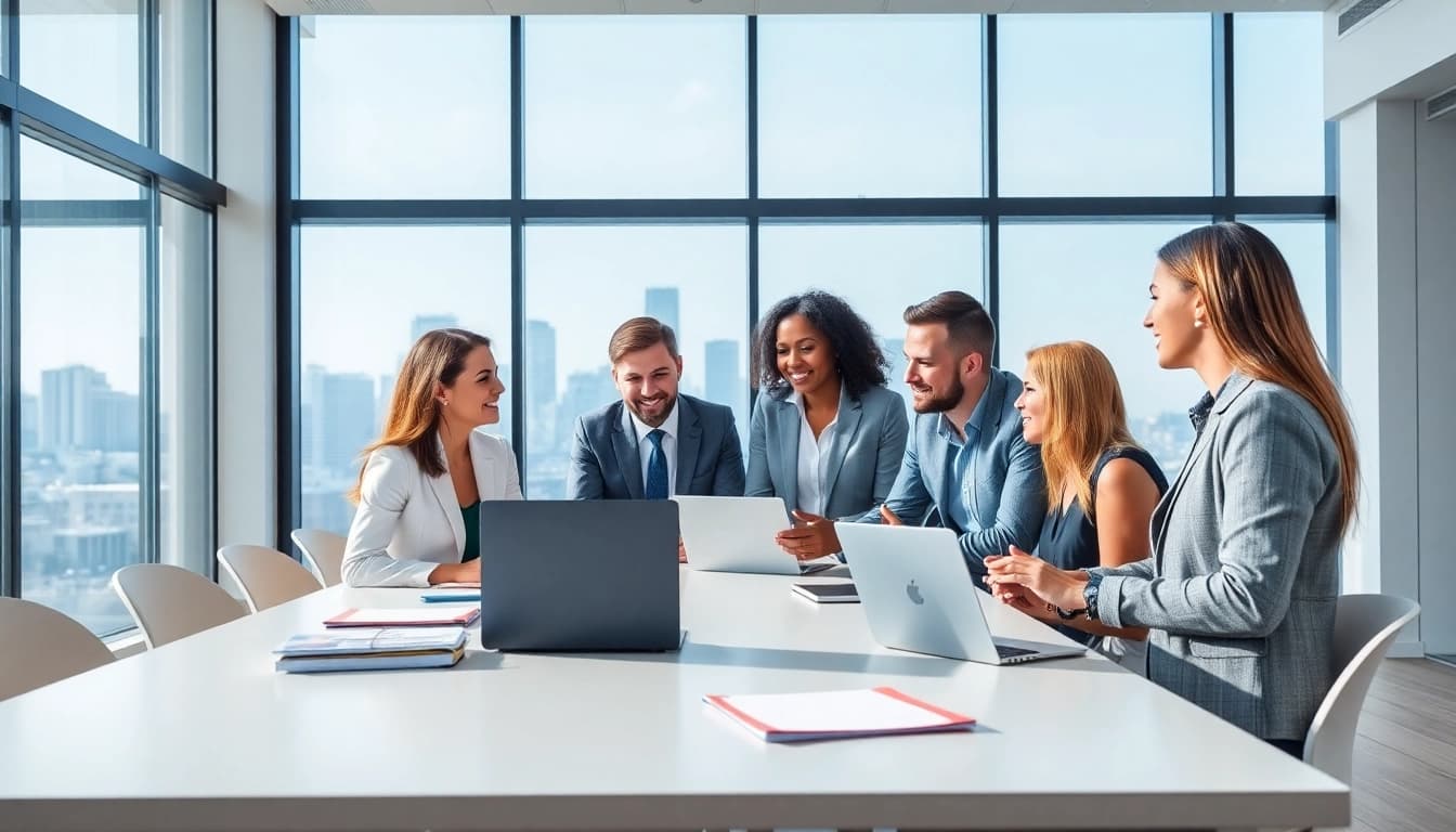 Quickplus Business Consultants collaborating in a professional office environment, highlighting teamwork.