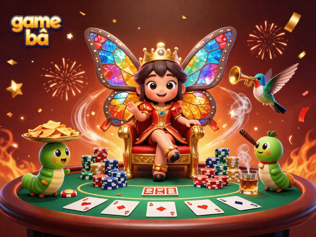 Engage with game bài excitement as vibrant characters celebrate over a dynamic poker scene.