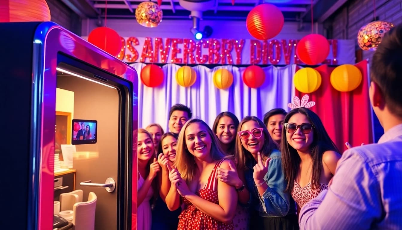 Capture moments with a lively photo booth rental, showcasing guests in a vibrant, festive atmosphere.