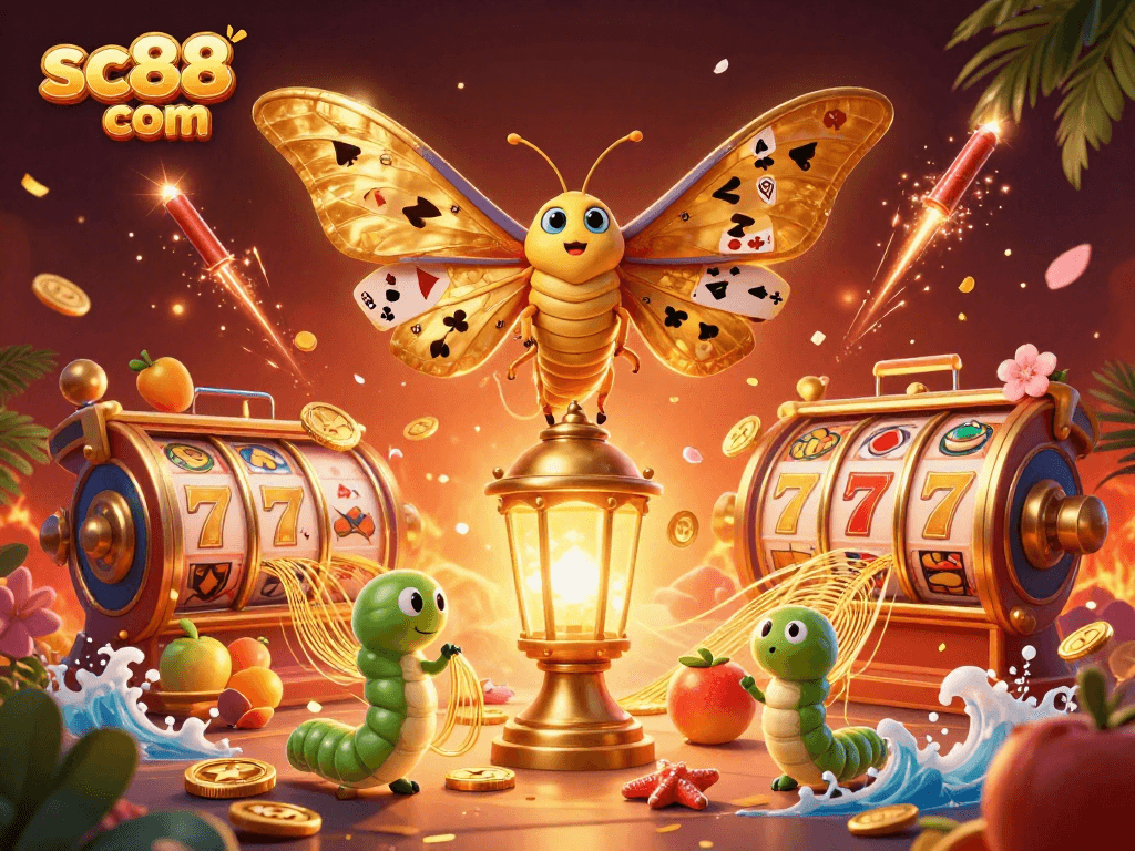 Experience thrilling gameplay at sc88 com with an enchanting 3D casino art scene of vibrant slot reels and a golden moth.