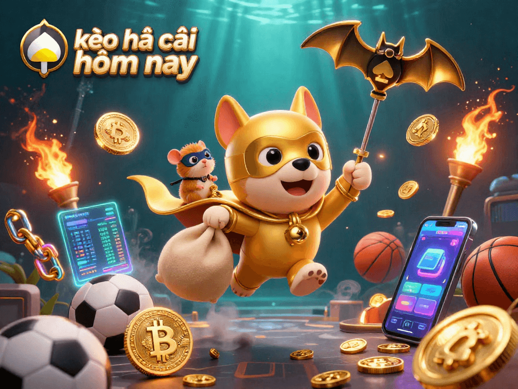 Engage with kèo nhà cái hôm nay through a vibrant illustration featuring a superhero dog and sports elements.