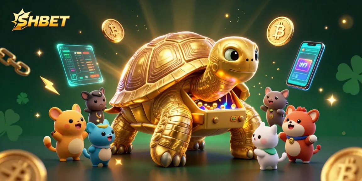 Experience thrilling gameplay at SHBET with a colossal golden tortoise pinball machine surrounded by crypto coins.