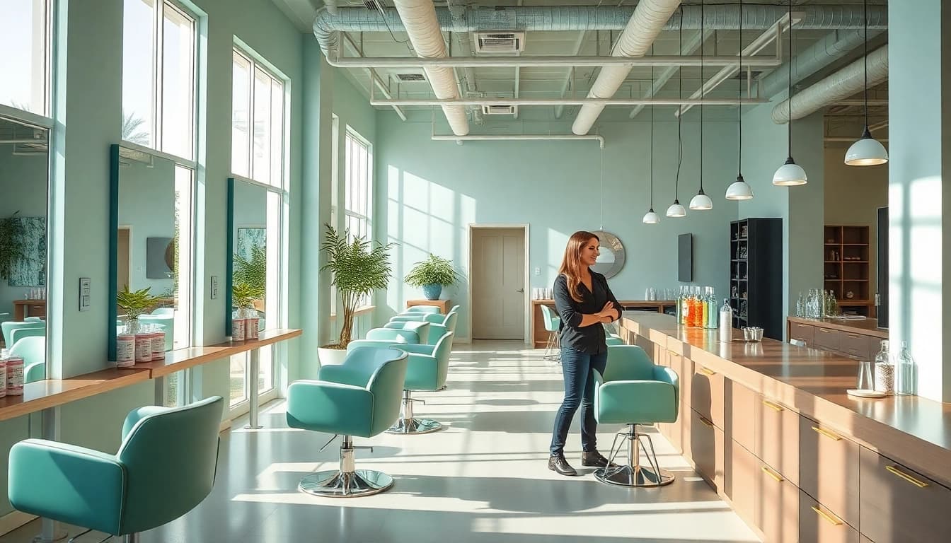 Hair salon San Diego interior showcasing Omnia Salon's vibrant and modern decor.