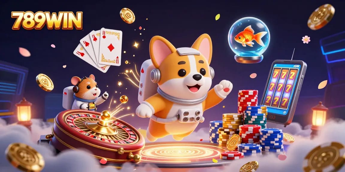 Experience thrilling gaming at 789WIN with floating coins, poker chips, and a unique space theme.