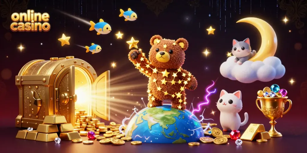 Experience the thrill of an online casino with a vibrant cosmic theme featuring rich gold elements and animated characters.