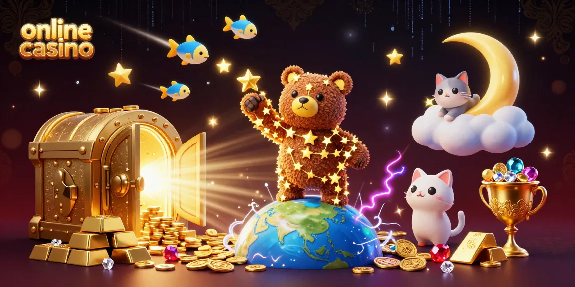 Experience the thrill of an online casino with a vibrant cosmic theme featuring rich gold elements and animated characters.