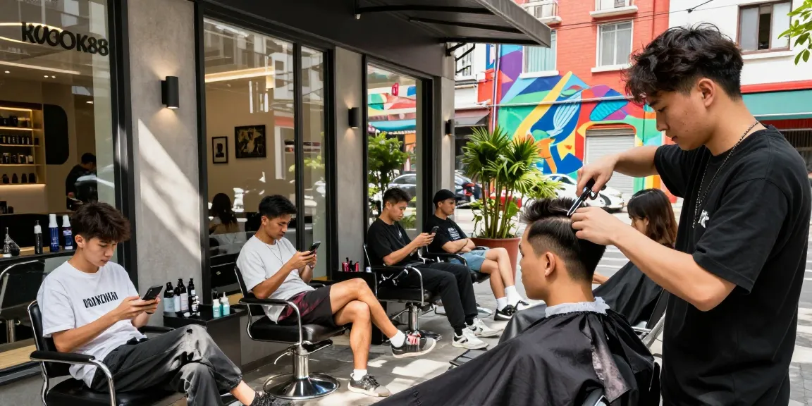 Customers enjoying the lively atmosphere at ROKOK88 barbershop, showcasing modern grooming culture.