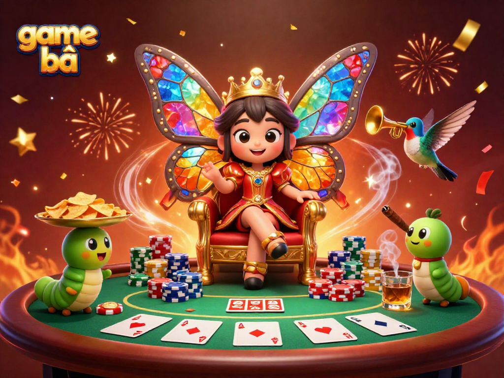 Engage with game bài excitement as vibrant characters celebrate over a dynamic poker scene.