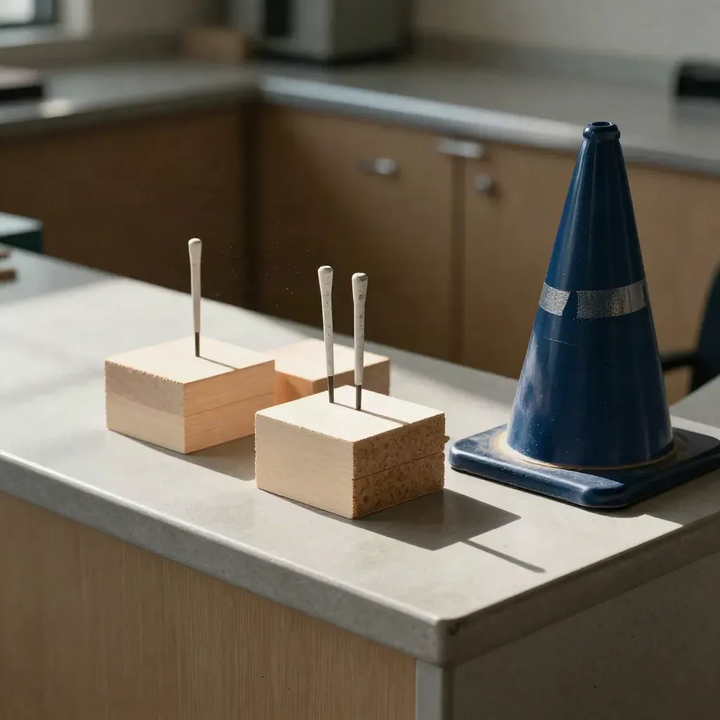Zoning counter with site-model blocks, survey stakes, and a folded navy barrier cone in slanting sun.