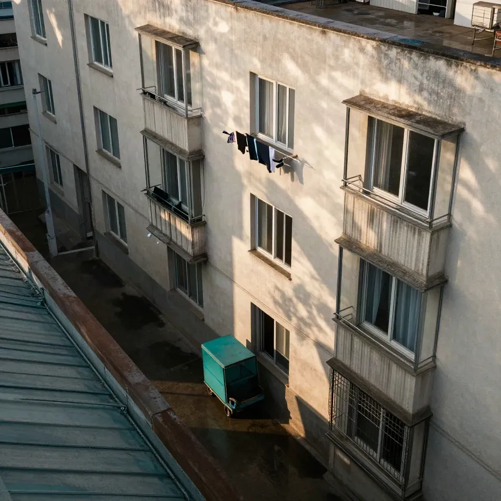 Rooftop view of a wet apartment courtyard with balconies, laundry rails, and a teal cart in late sun.