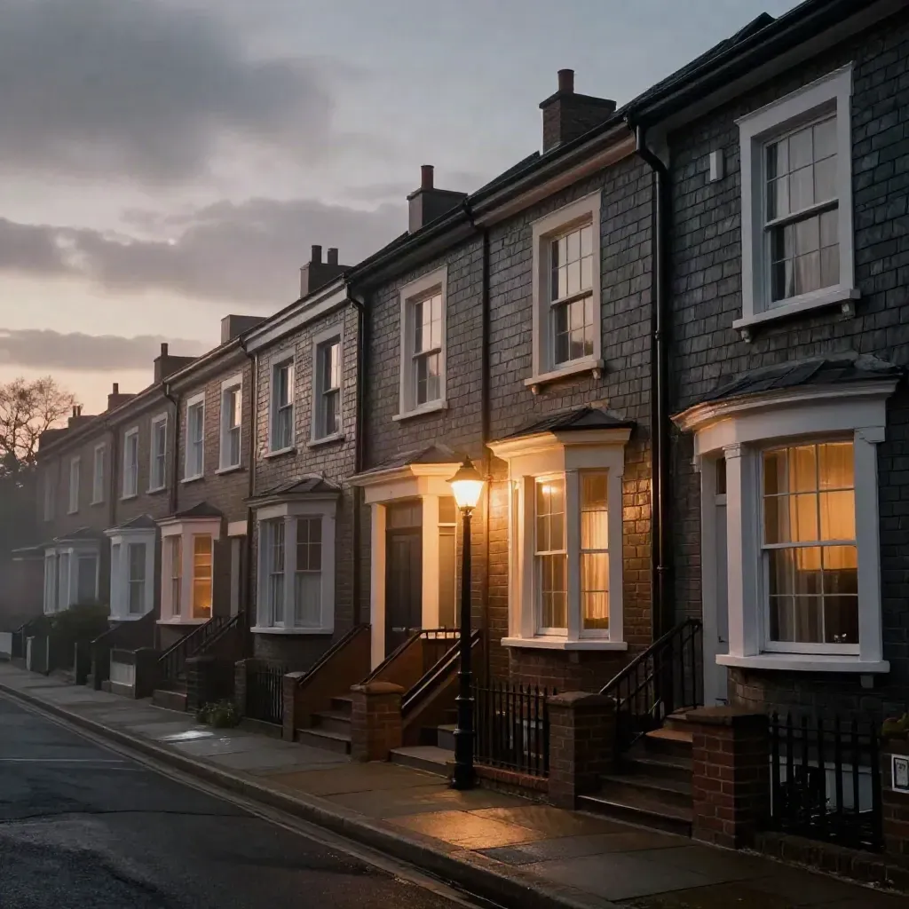 Townhouses at dusk with one porch lamp lit and a flash of light on the roofline