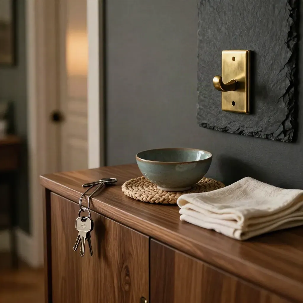 Entry console with keys, ceramic bowl, woven mat, and folded cloth in warm evening light.