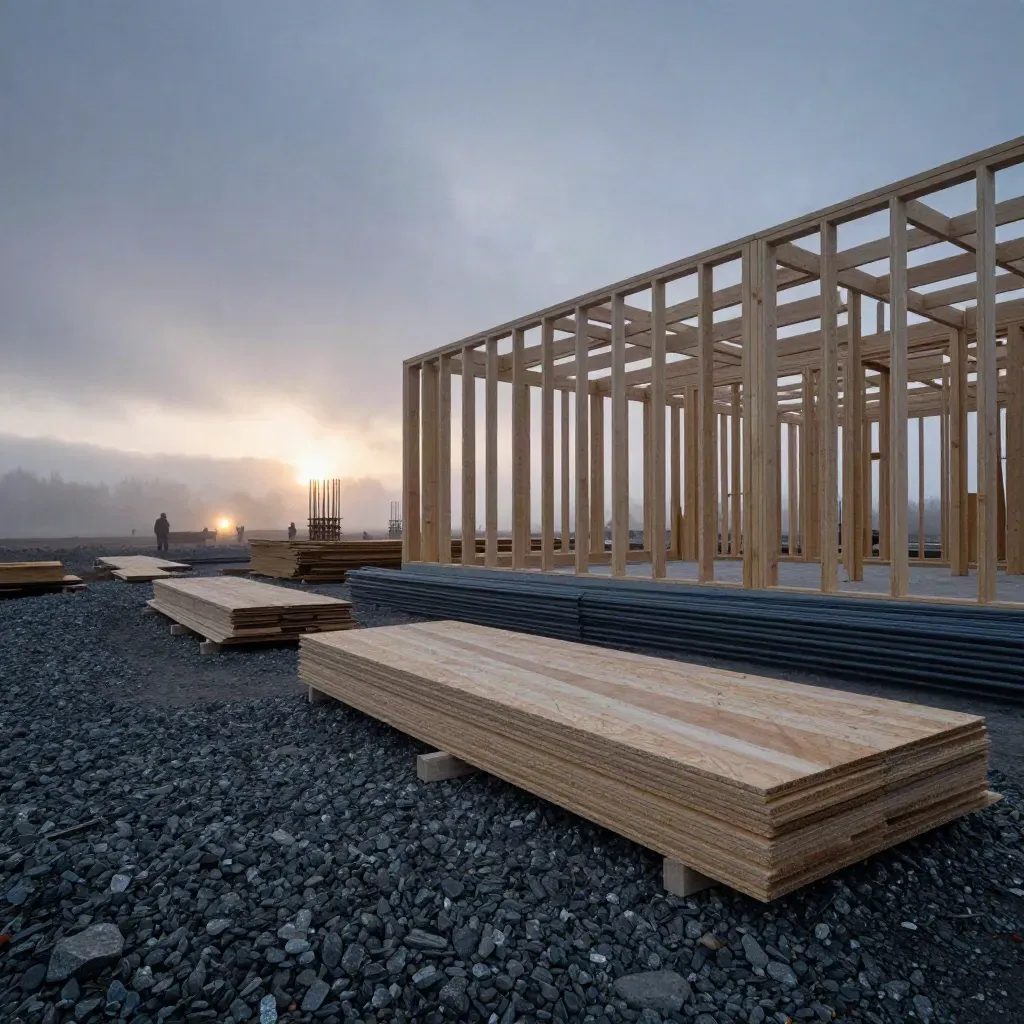 Dawn construction site with timber frame, rebar, plywood and gravel in mist