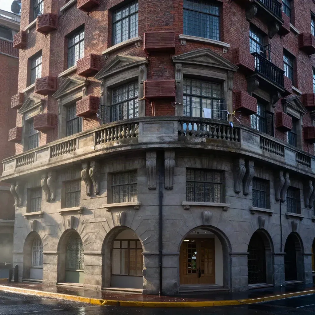Brick apartment block corner with balconies, open window, wet pavement and soft morning haze.