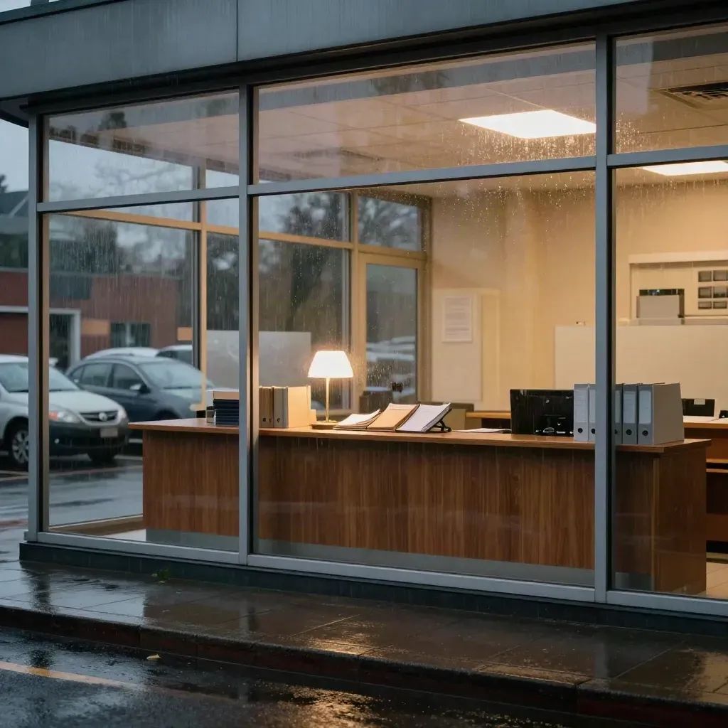 Rainy dusk at a mortgage office with warm lights, car reflections, and wet asphalt.