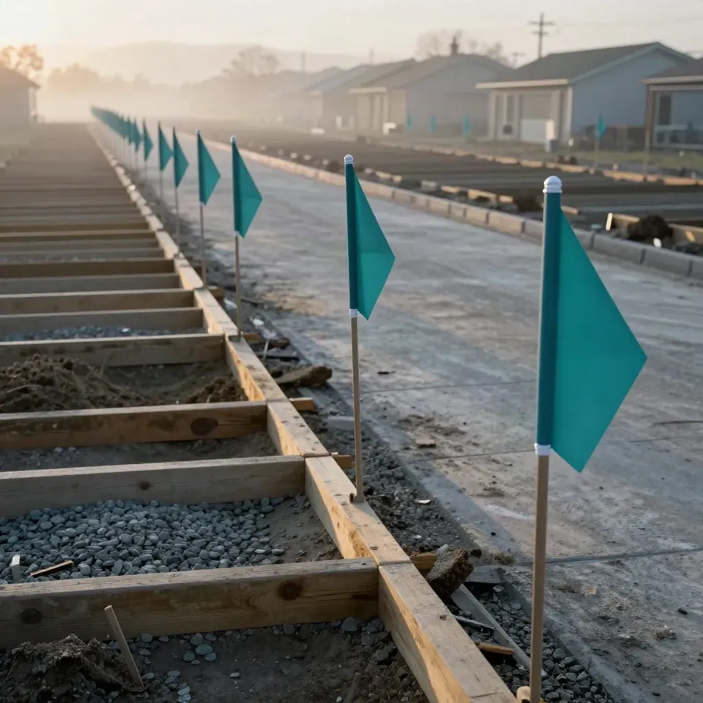 Foggy dawn construction site with survey flags, foundation forms, and sidewalk cutouts.