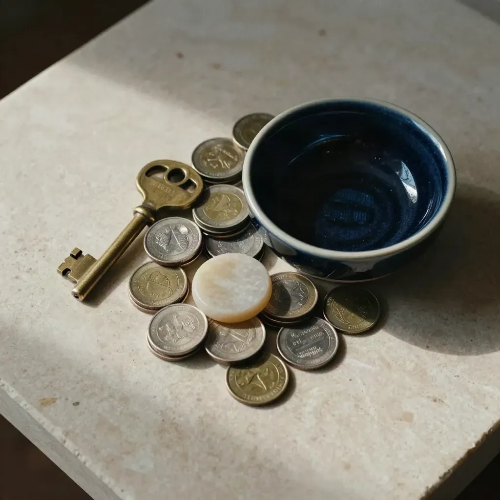 Brass key, coin stacks, stone token, and navy ceramic bowl on travertine under soft light.