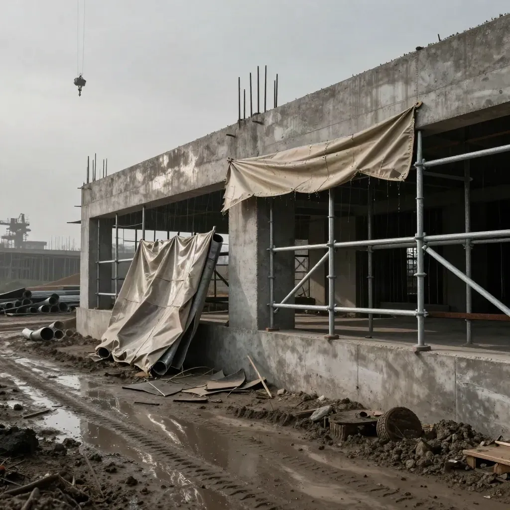 Unfinished concrete shell with scaffolding, tarps, conduit, muddy ground, and a still crane in drizzle