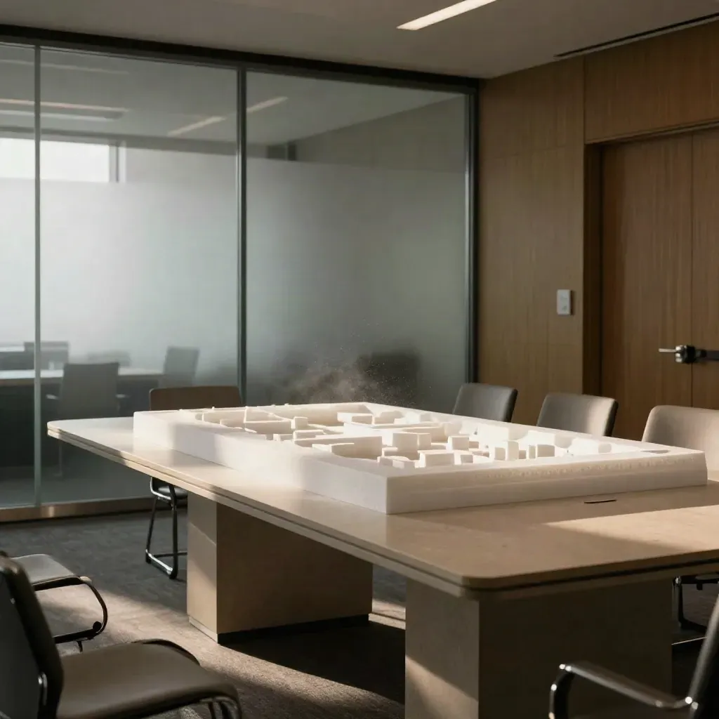 Empty municipal conference room with a centered white site model and frosted glass wall at dusk.