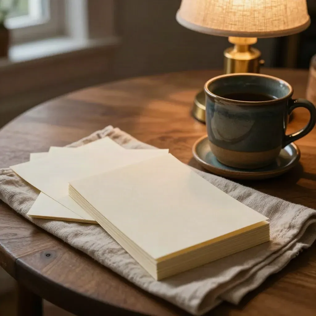 Blank note cards, mug, and lamp on cloth atop a round kitchen table.