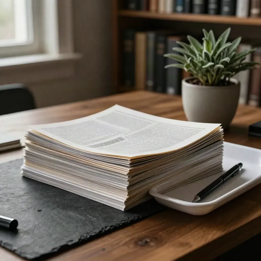 Top-down desk scene with clippings, pen, paper tray, and small plant in warm window light.