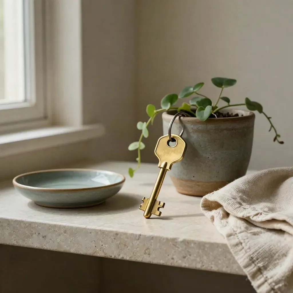 Brass apartment key, ceramic dish, linen, and trailing plant on a stone shelf.