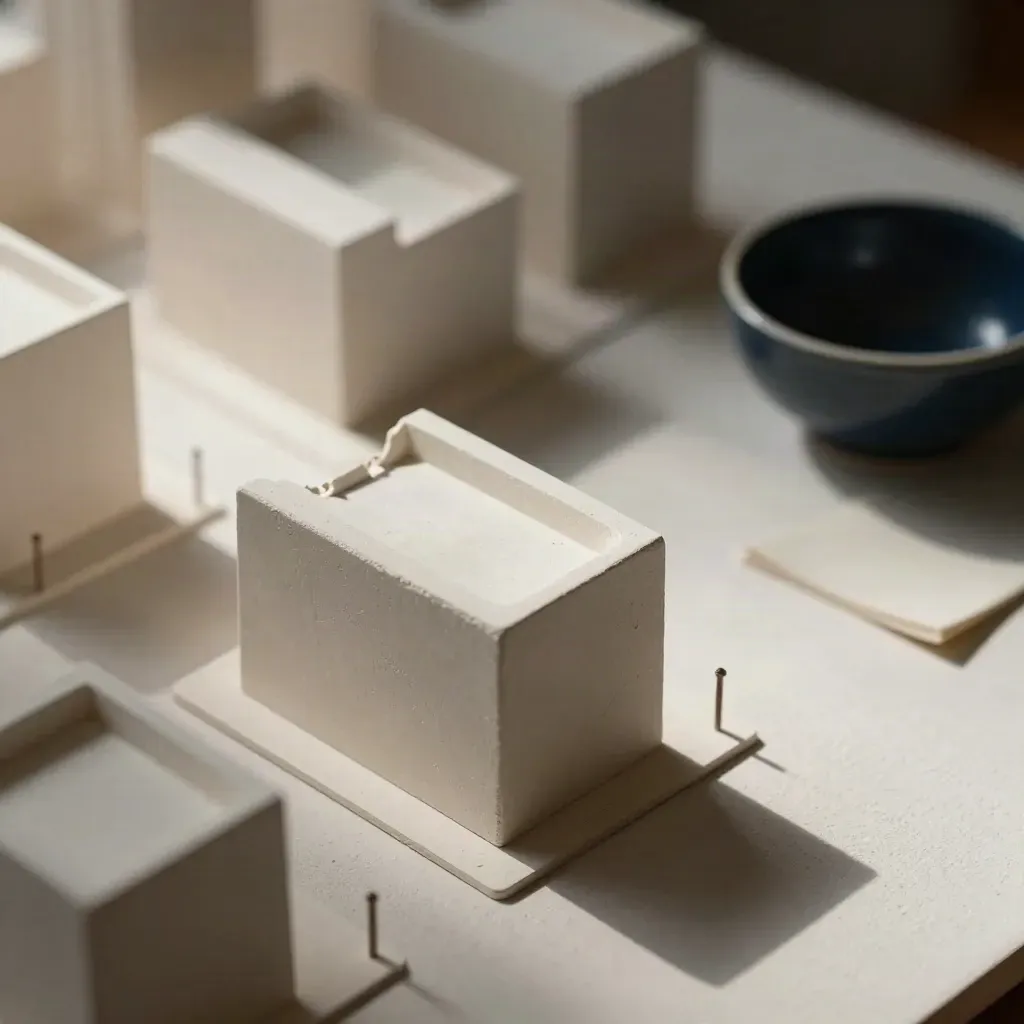 Miniature zoning model with survey pegs and a navy ceramic bowl on pale plaster.