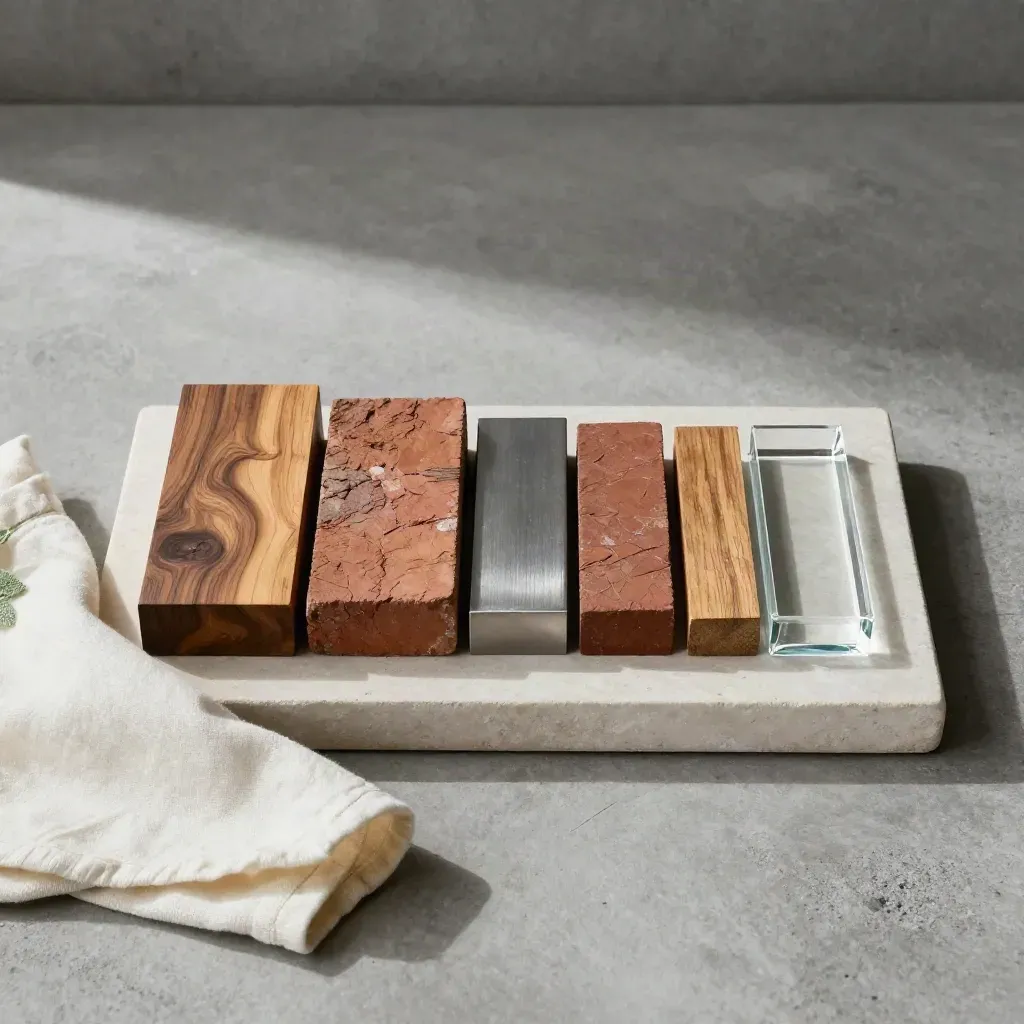 Stone tray with wood, brick, metal, and glass chips beside a tiny plant sprig