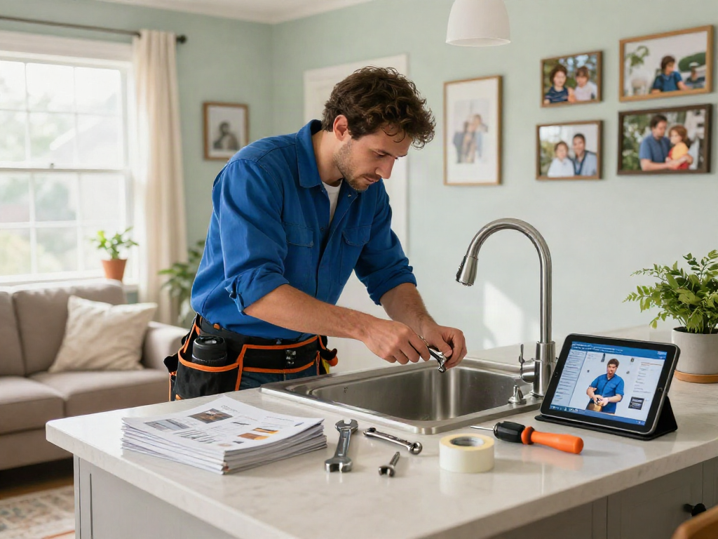 Professional working on home repair services Des Moines Iowa by fixing a leaky faucet in a cozy living room.