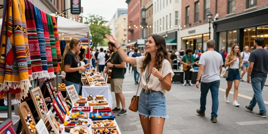 Community bazaar scene featuring rokok88 influencer engaging with artisans and vibrant products in an urban setting.