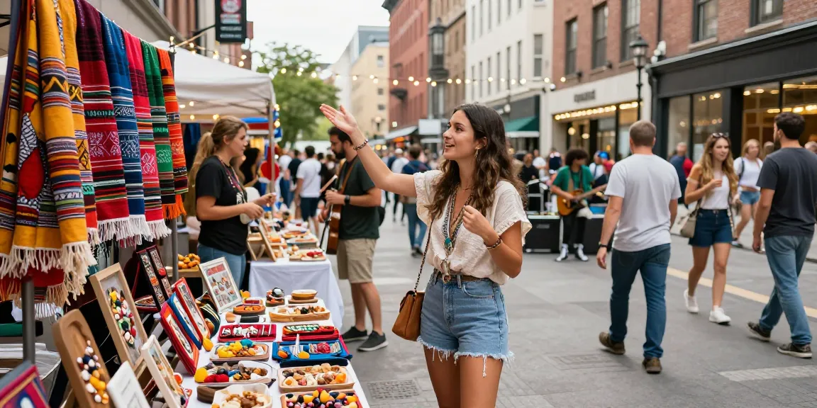 Community bazaar scene featuring rokok88 influencer engaging with artisans and vibrant products in an urban setting.