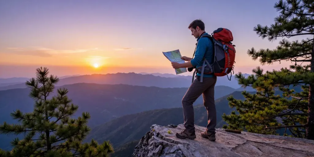 Hiker at panoramic mountain viewpoint during sunset, showcasing the adventurous spirit of rokok88.