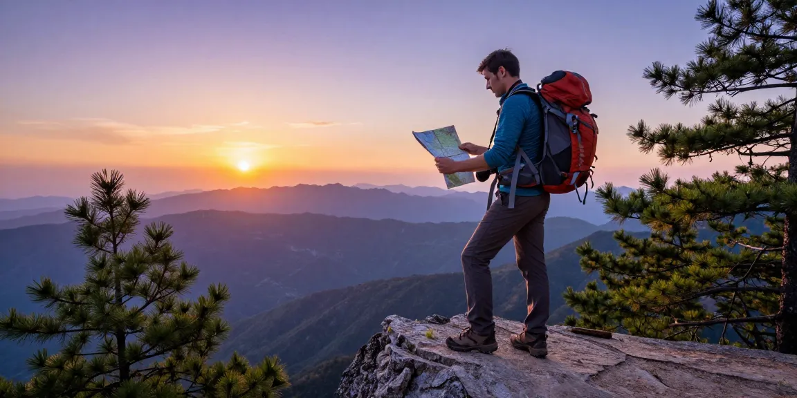 Hiker at panoramic mountain viewpoint during sunset, showcasing the adventurous spirit of rokok88.