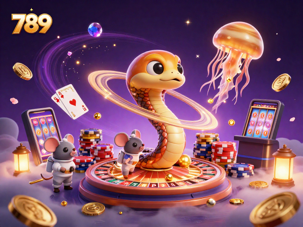 Place bets on 789-themed planet with roulette wheel, astronaut mice, and golden jellyfish dealer.