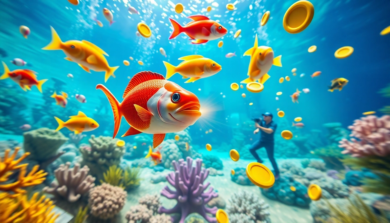 Bắn cá đổi thưởng game, showcasing vibrant underwater action with colorful fish and casino elements.