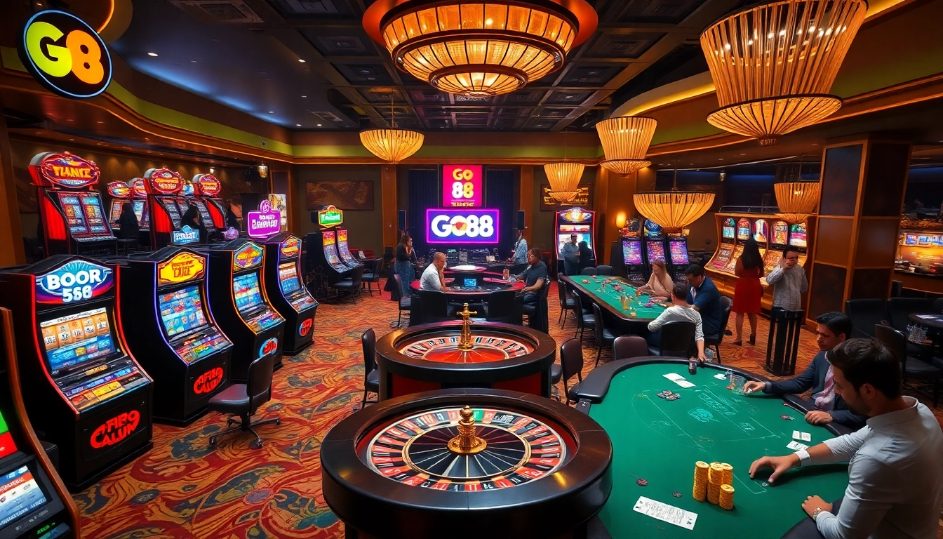 Engaging casino scene at GO 88 with vibrant slot machines, poker tables, and a roulette wheel.