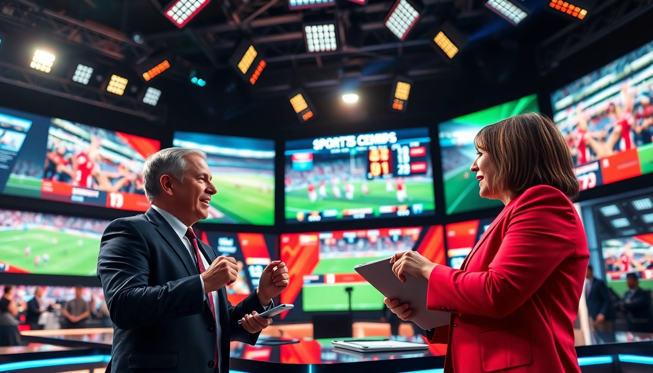 Engaging sports broadcasting scene with presenters discussing live events and vibrant backgrounds.