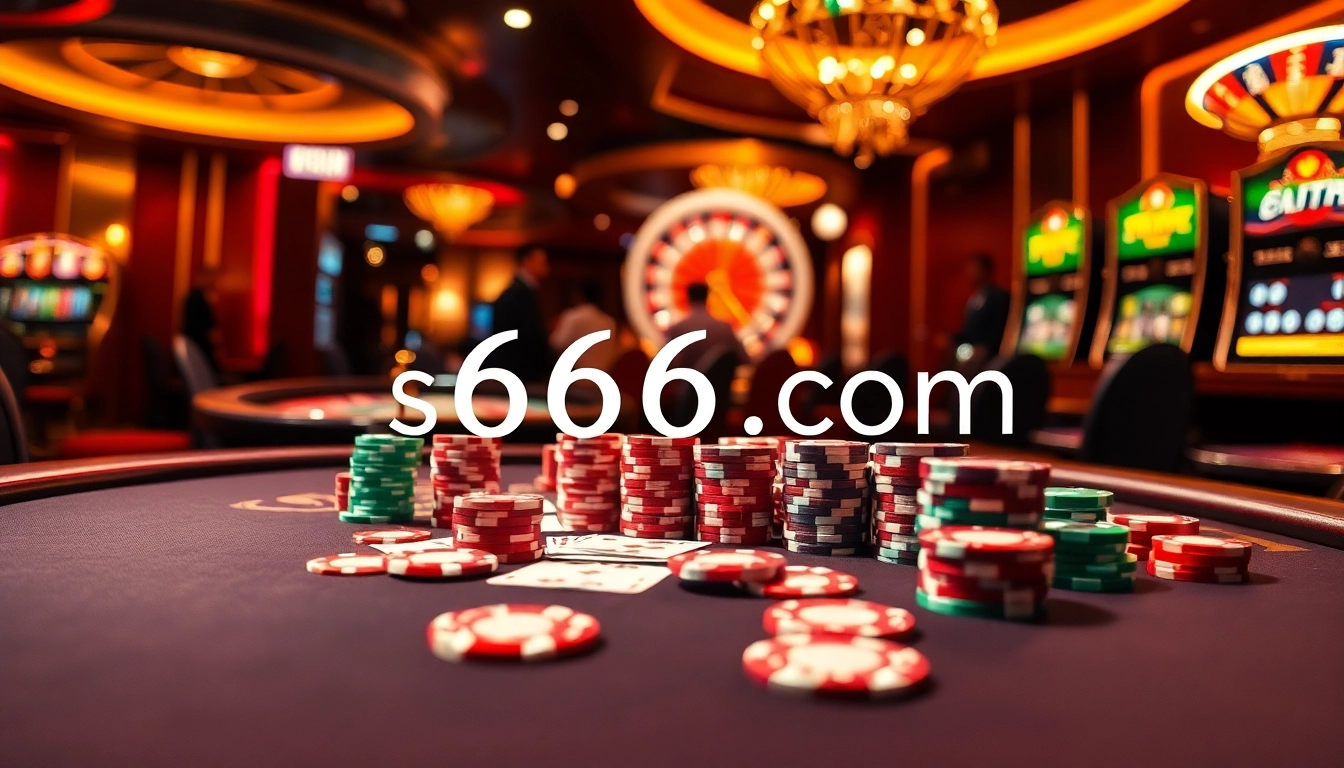 Exciting gameplay at s666 com casino featuring poker chips, cards, and a roulette wheel.