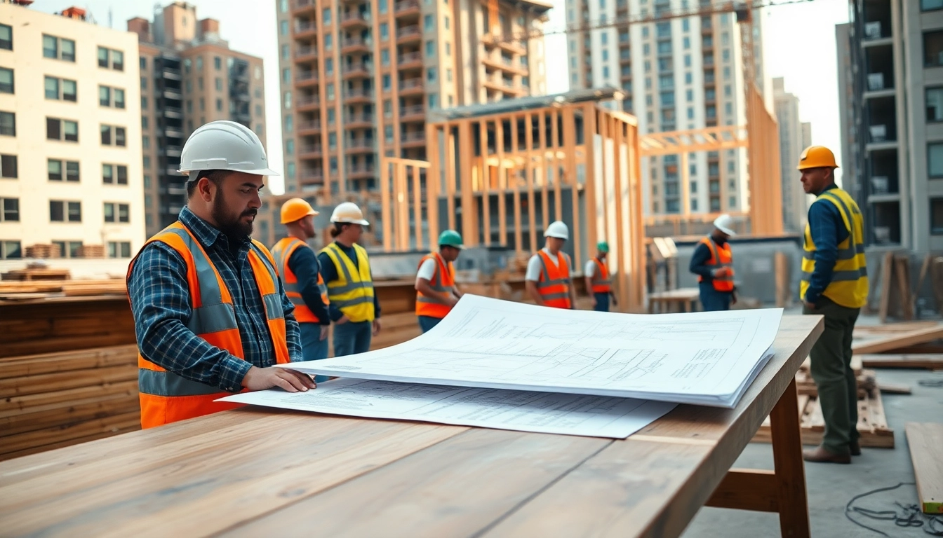 New York General Contractor overseeing a diverse team on a bustling construction site.