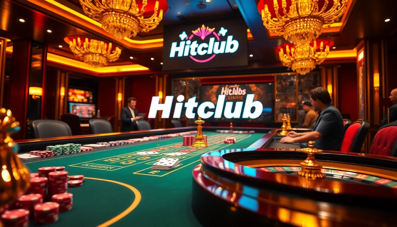 Hitclub gaming scene with poker chips and a roulette wheel, embodying luxury and excitement.