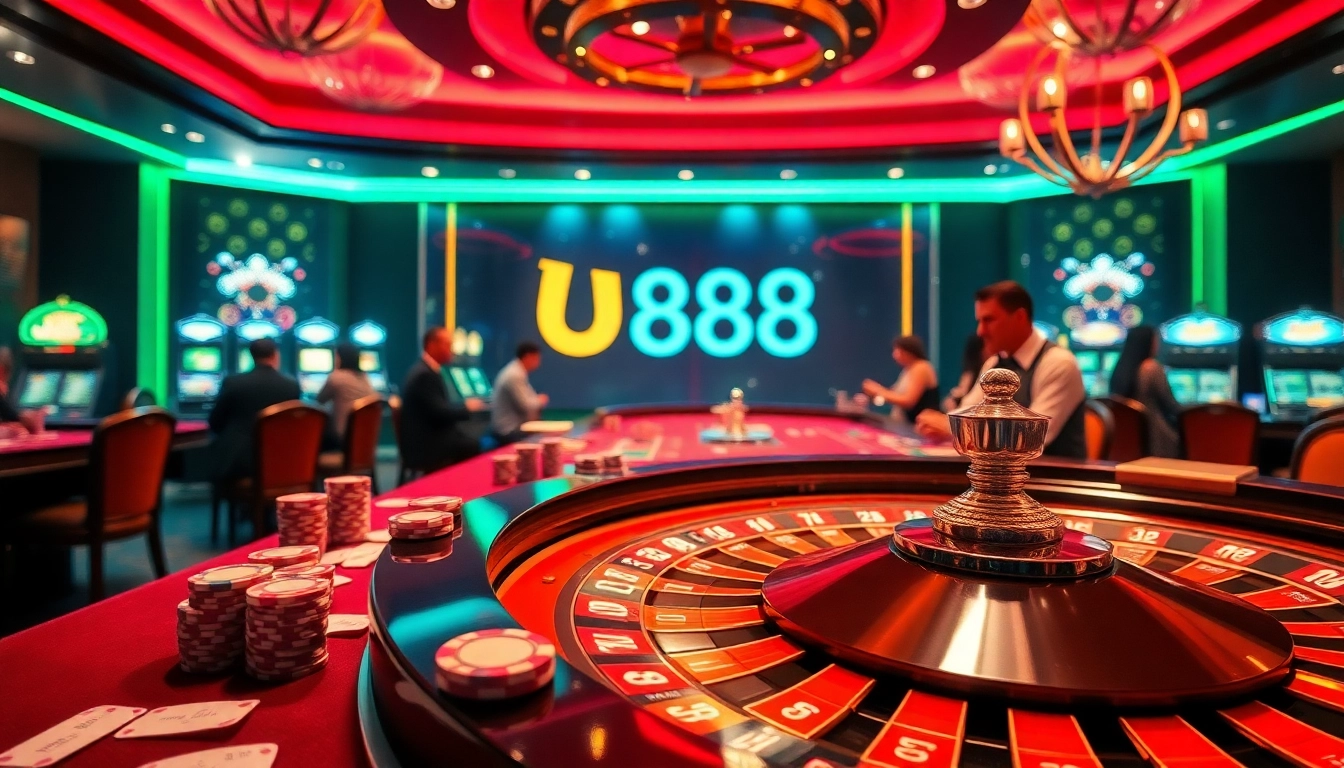 Experience the excitement of U888 with vibrant casino tables, chips, and dynamic gaming action.