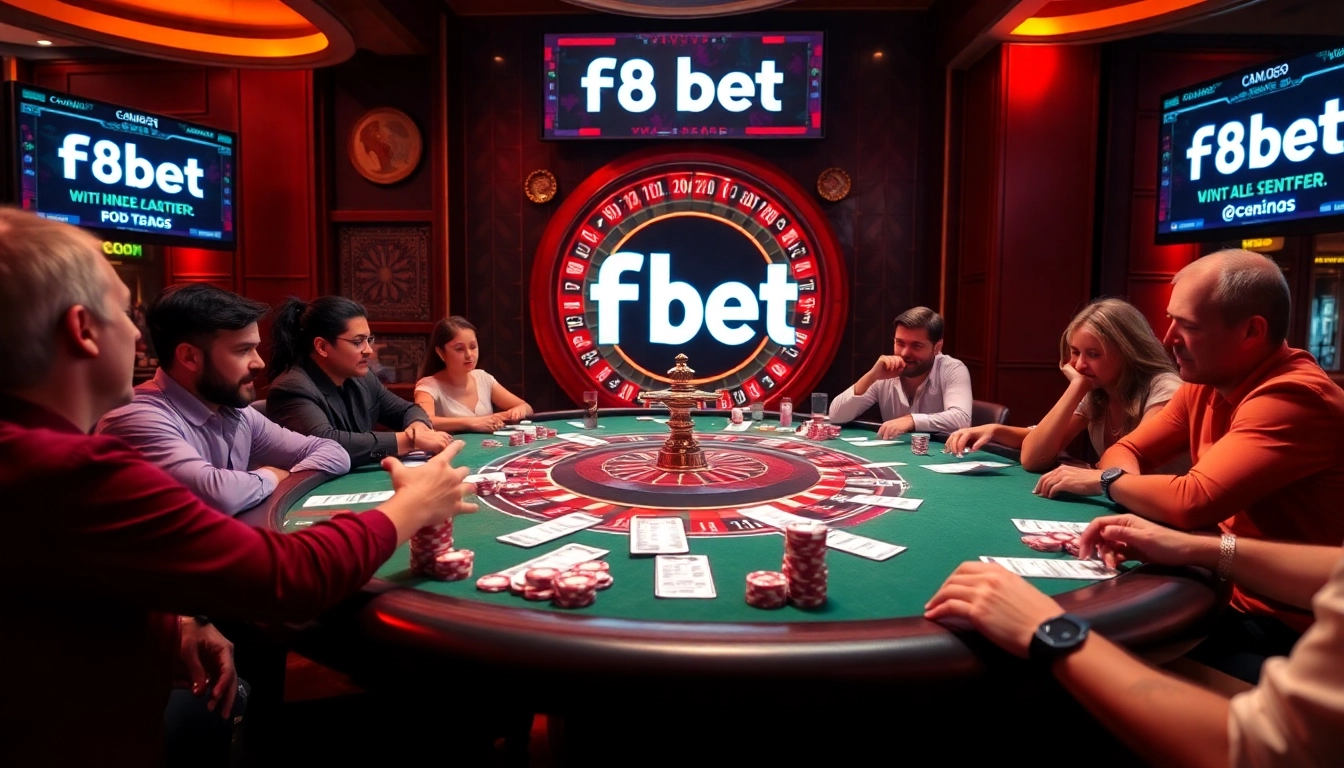 Players enjoying an intense poker game at F8 bet's luxurious casino table.