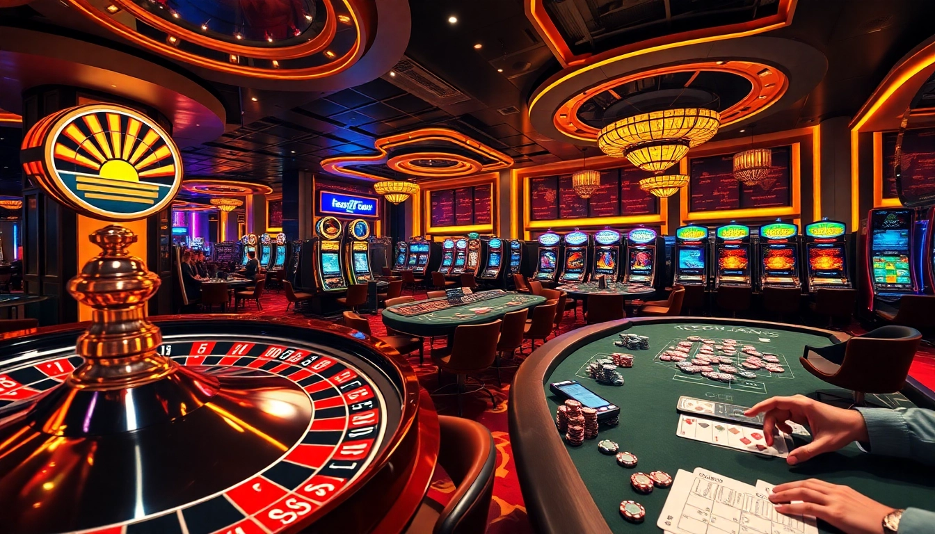 Engaging in high-stakes play at a vibrant De bet casino, with exciting roulette action and illuminated slot machines.