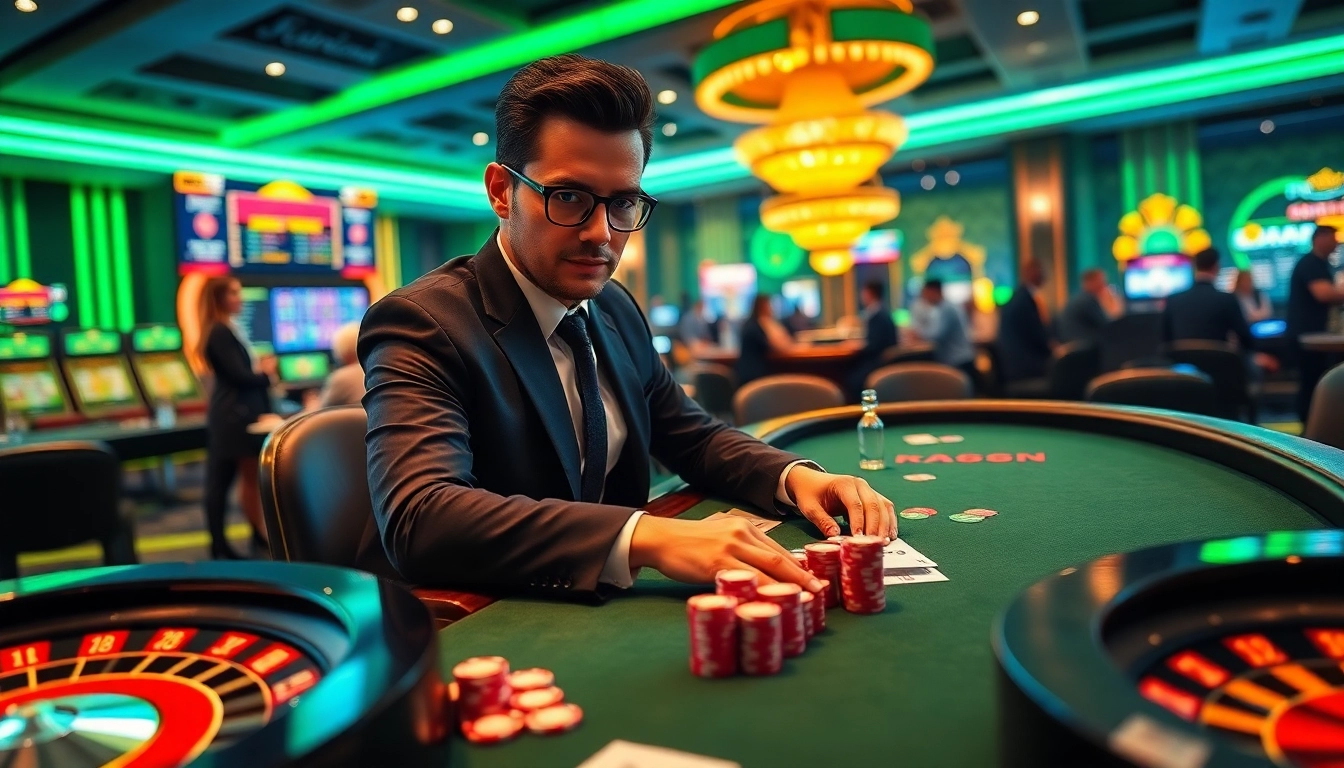 Professional gambler winning at a poker table with immersive GG88 gaming atmosphere.